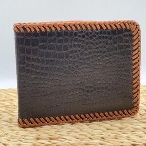 Genuine Reptile‎ Skin Leather Bifold Men's Handmade Brown Tan Trim